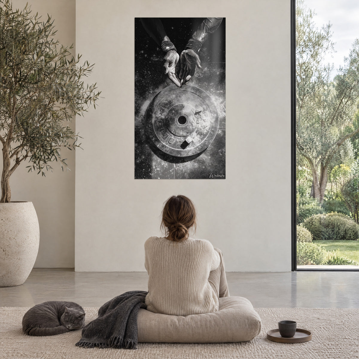 Schilderij handpalmen van een gewichtheffer bestoven met wit poeder op een zwarte en zilveren schijf, crèmekleurige muur, een persoon zit met de rug toegekeerd en een grijze korthaar kat