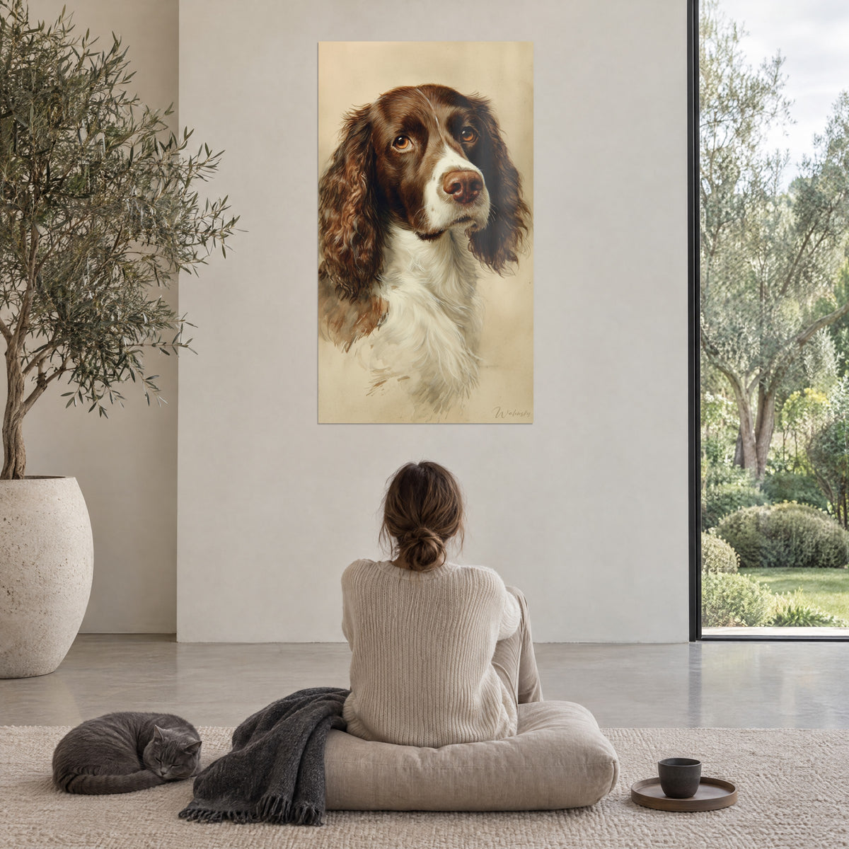 Cuadro cabeza de spaniel con rizos marrones y babero crema, una mujer sentada de espaldas, un gato gris, ventanal verde