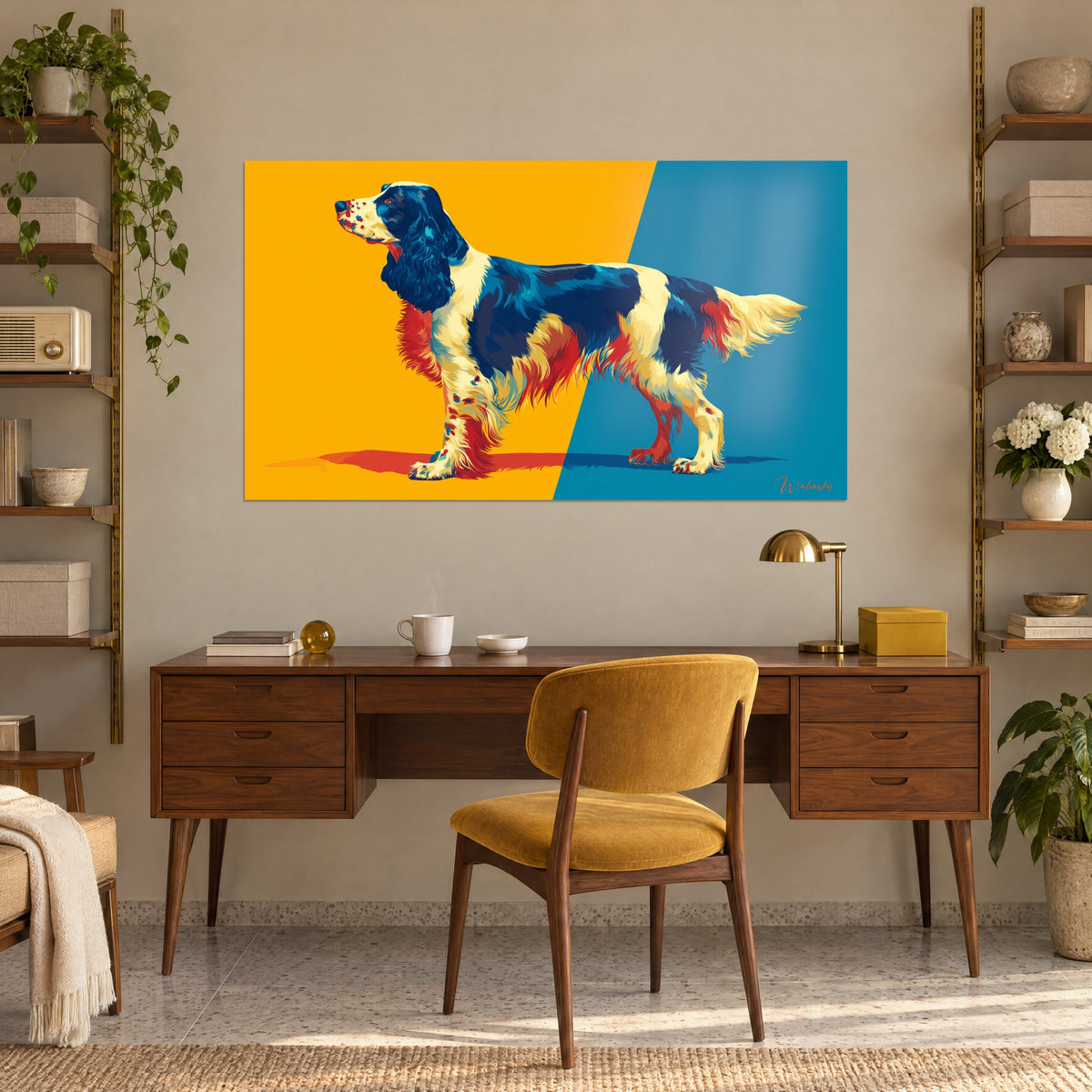 Πίνακας σπάνιελ σε στιλ pop art με τρίχωμα μπλε νυχτερί, κρεμ και έντονο κόκκινο, πορτοκαλί σκιά, ξύλινο γραφείο και καρέκλα μουστάρδας