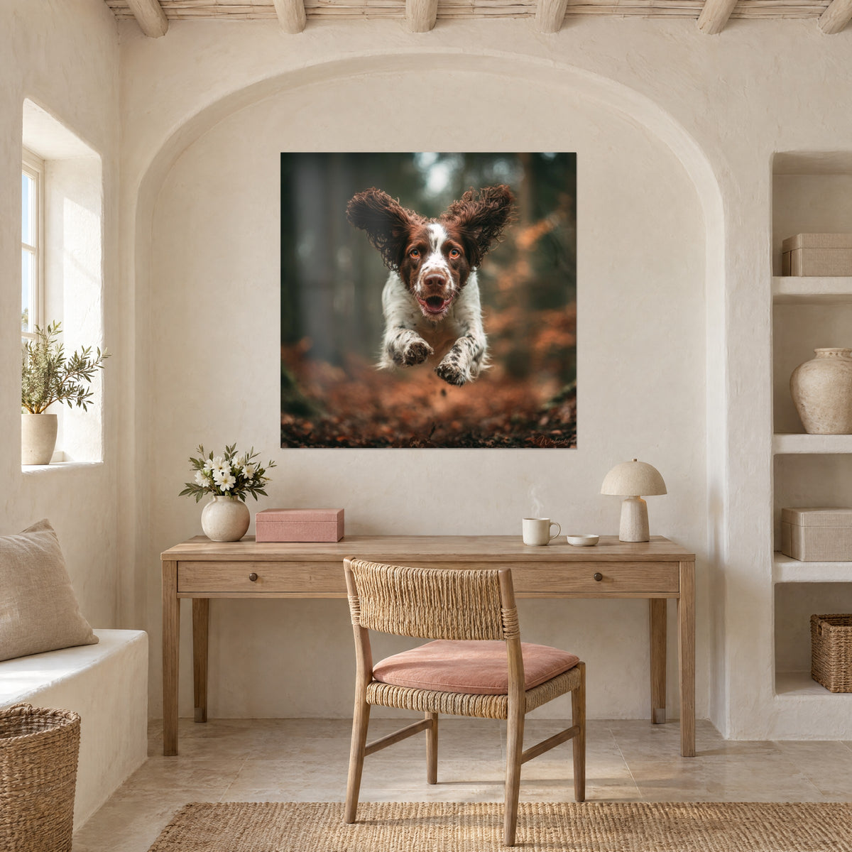 Tableau portrait de chien sautant vers l'objectif, regard orange et truffe rosée, forêt brumeuse, au-dessus d'un bureau en bois clair