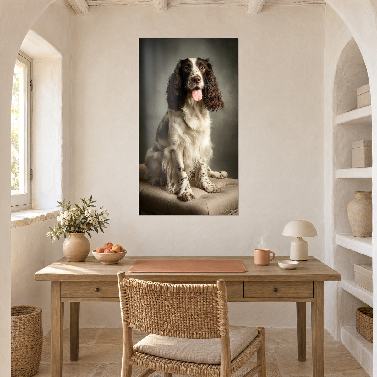 Wall art elegant spaniel with wavy mahogany ears, white speckled coat, lime-washed wall of a light wood office beside an alcove