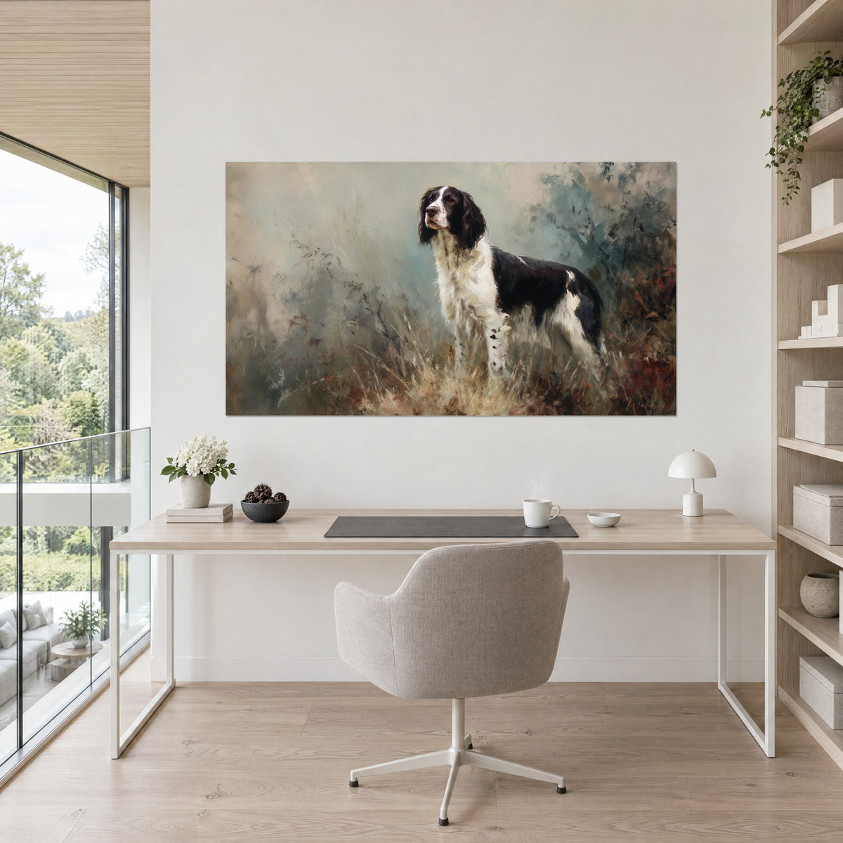 Πίνακας μαύρος και λευκός σκύλος κυνηγιού σε ψηλά μπεζ και καφέ χόρτα, κρεμασμένος πάνω από ένα φωτεινό, τακτοποιημένο γραφείο