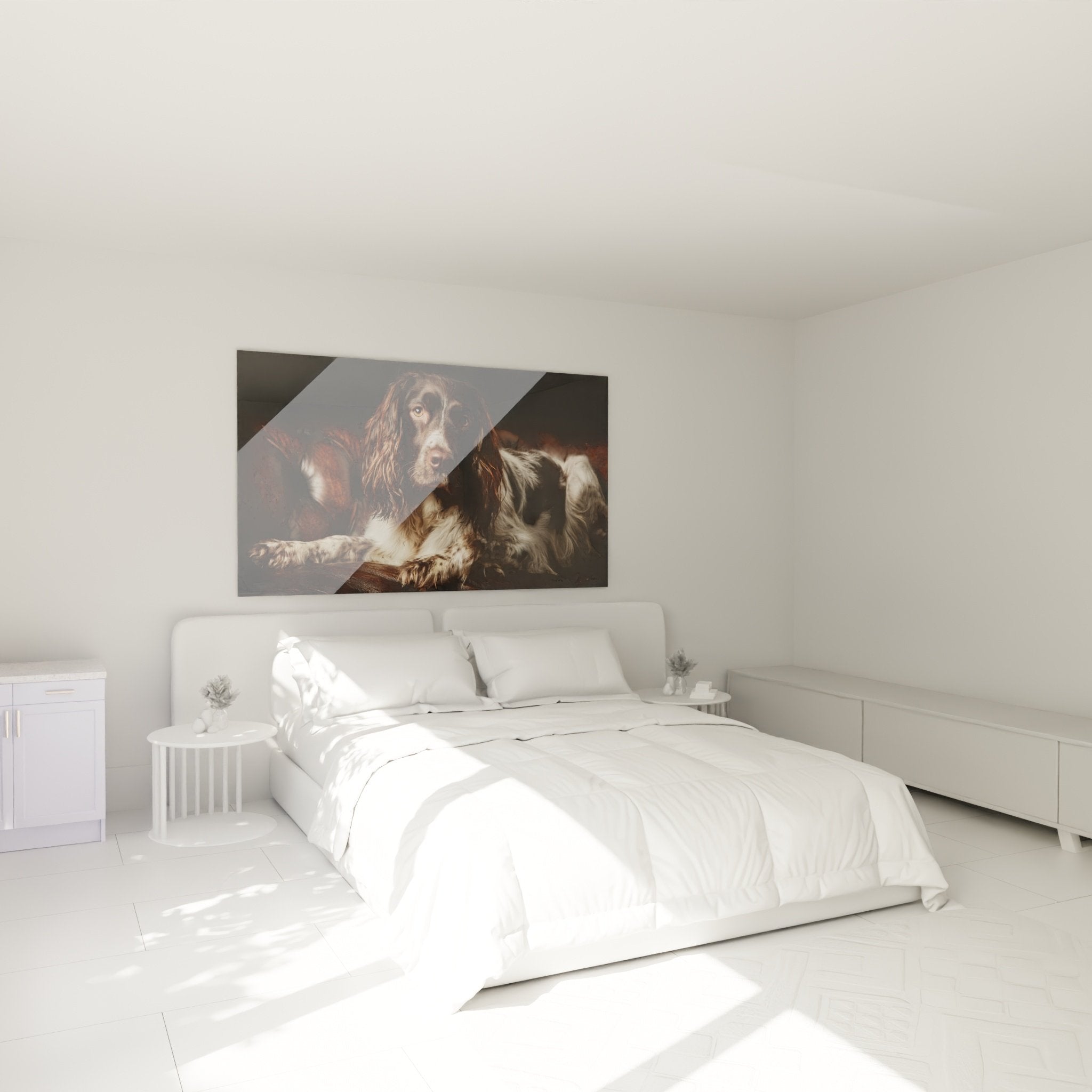 Tableau Springer Anglais chambre mur beige, décoration murale chien portrait, ambiance cosy éclairage tamisé