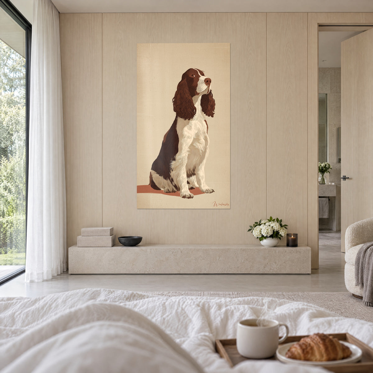 Cuadro retrato canino en marrón chocolate y blanco marfil, mirada hacia arriba, colgado sobre una cama en un dormitorio luminoso