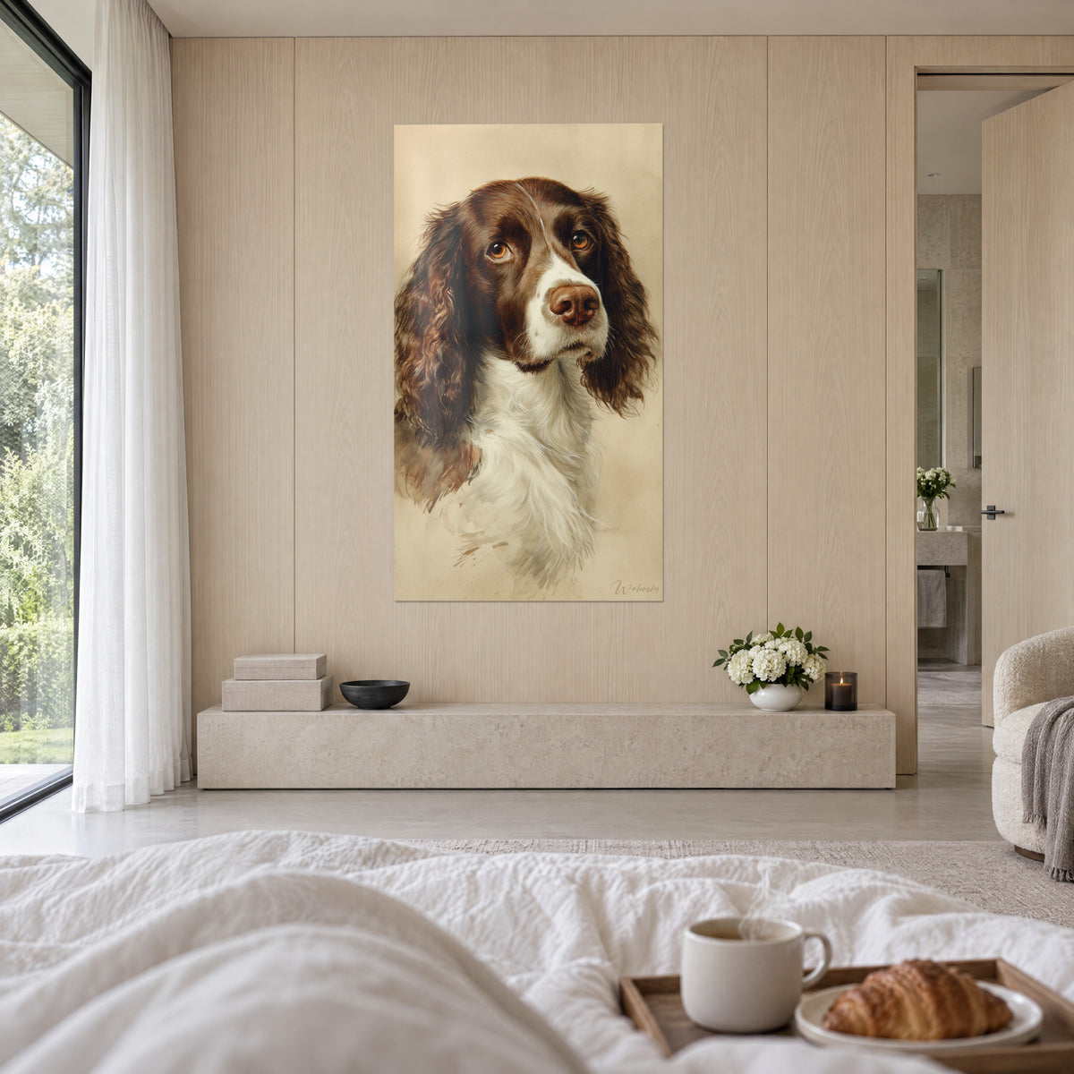 Cuadro retrato de spaniel con ojos avellana, orejas castañas onduladas y pecho marfil, encima de una cama en un dormitorio luminoso