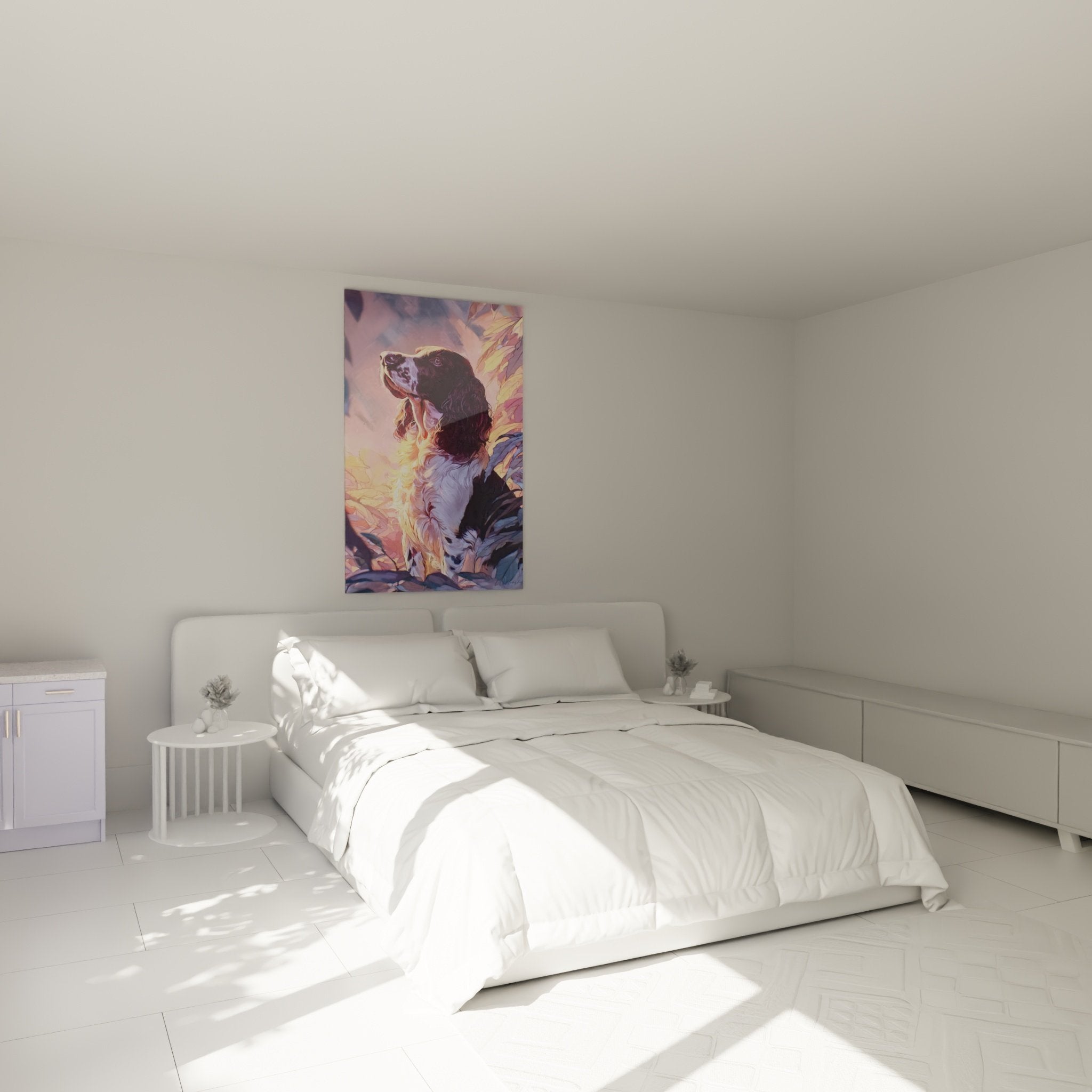 Tableau Springer Anglais dore et mauve accroche dans chambre moderne aux murs beiges