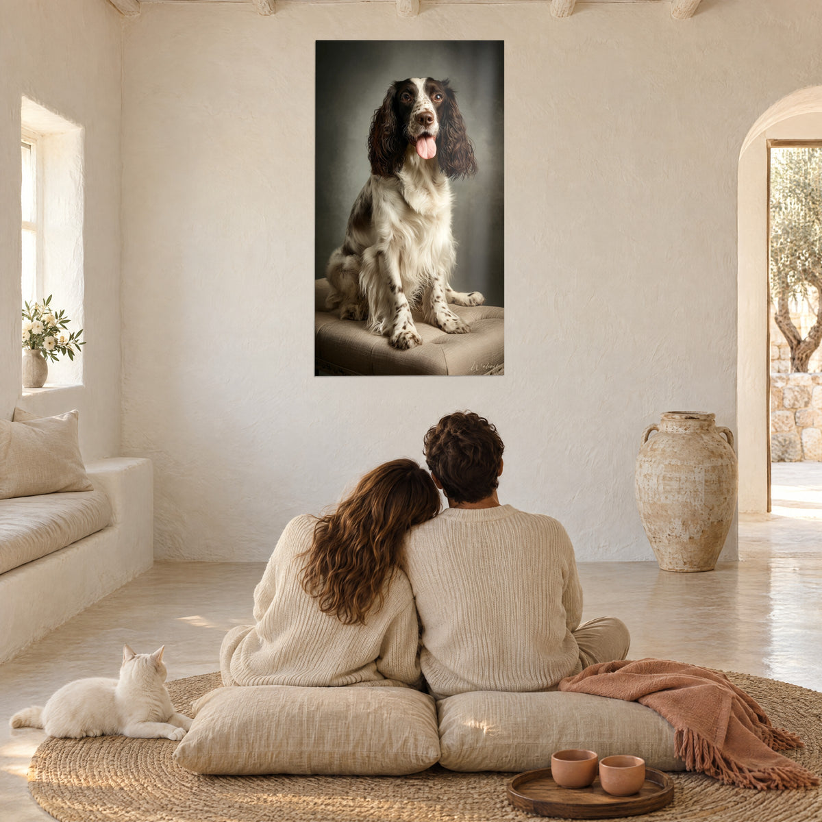 Wall art brown and white hunting dog, pink tongue out, beige bench, facing a couple seen from behind seated beside a grey cat
