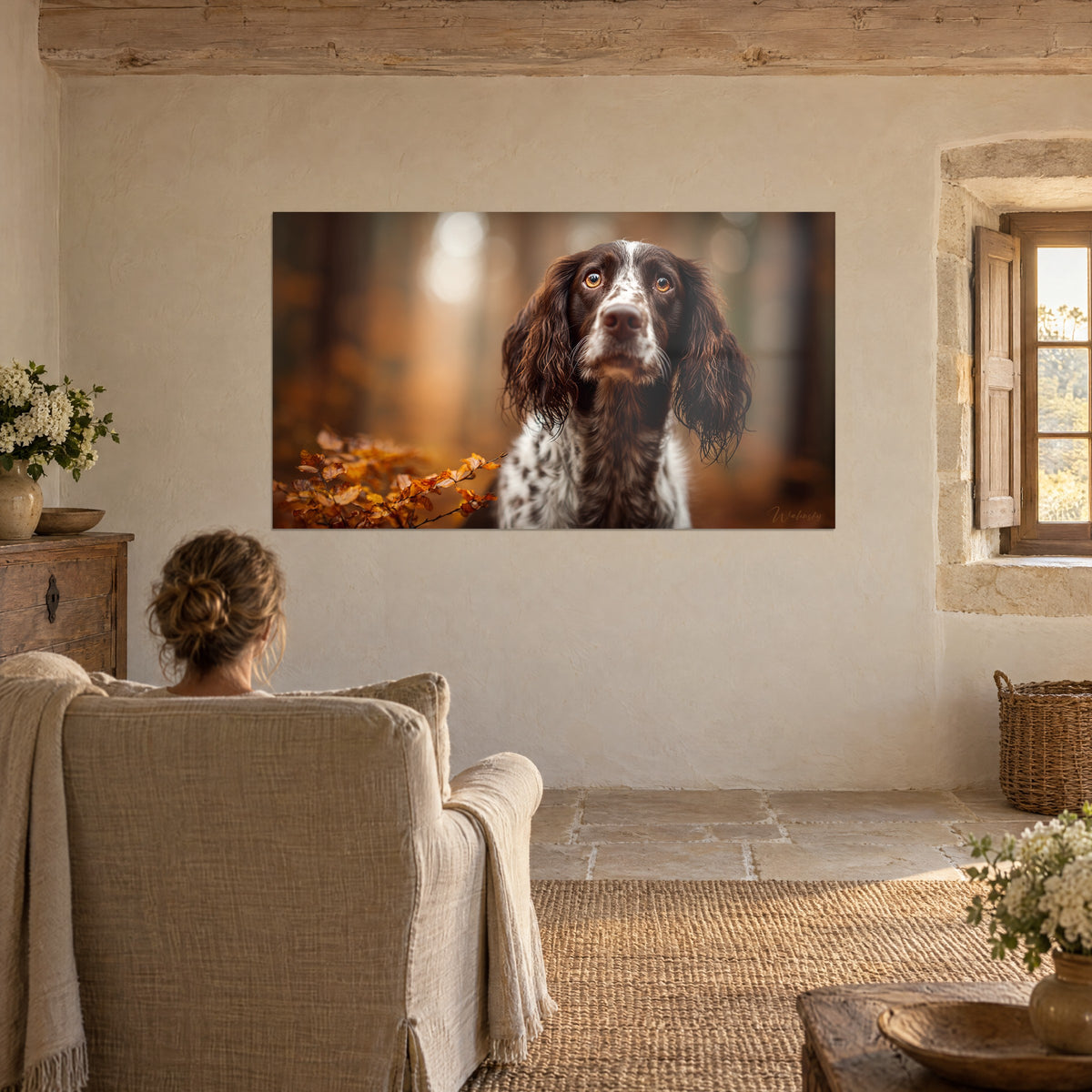 Quadro sguardo ambrato di uno spaniel marrone e bianco, ramo di foglie ruggine, luce dorata, in un soggiorno, donna di spalle