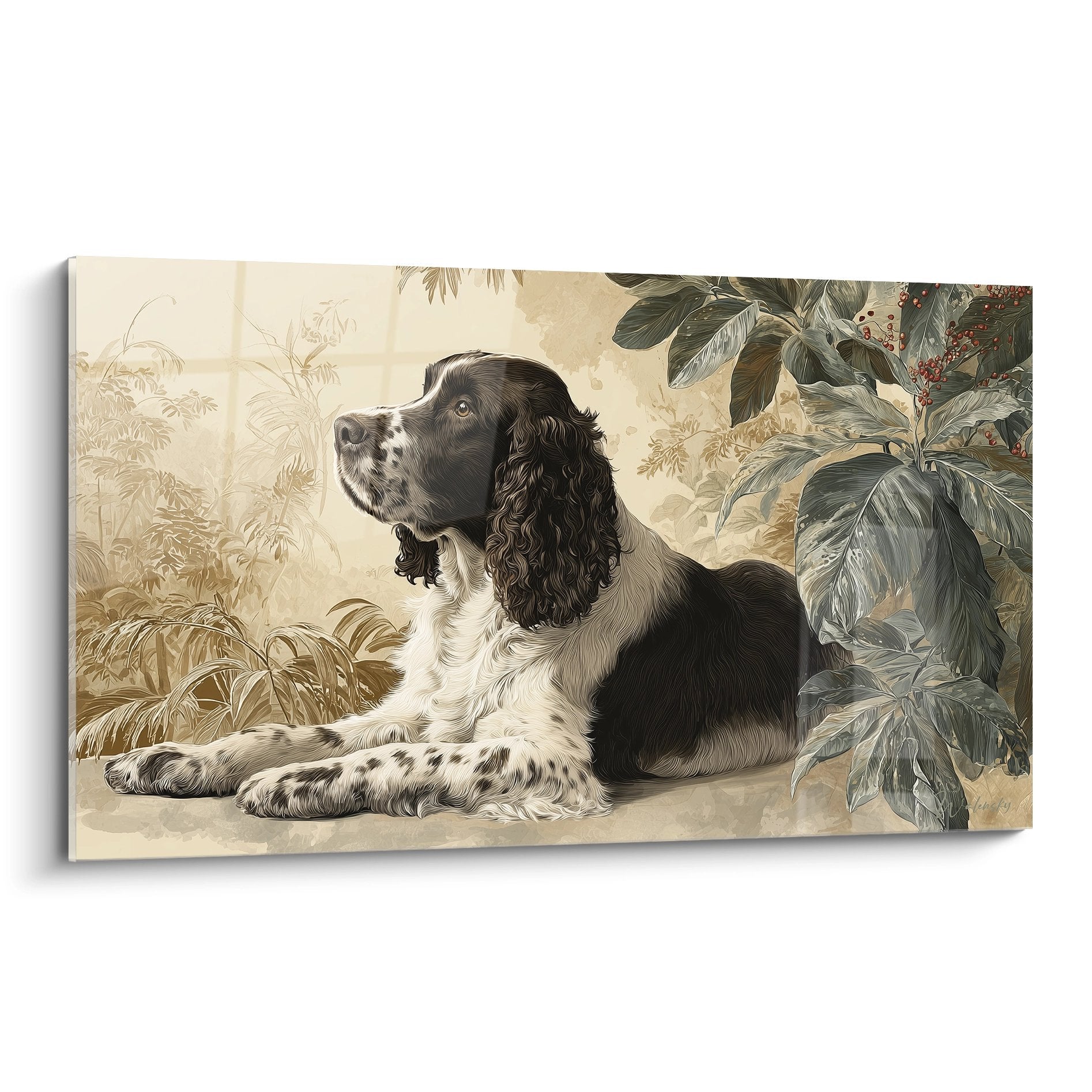 Portrait Springer Anglais noir et blanc allongé dans décor botanique tons sépia et feuillages verts
