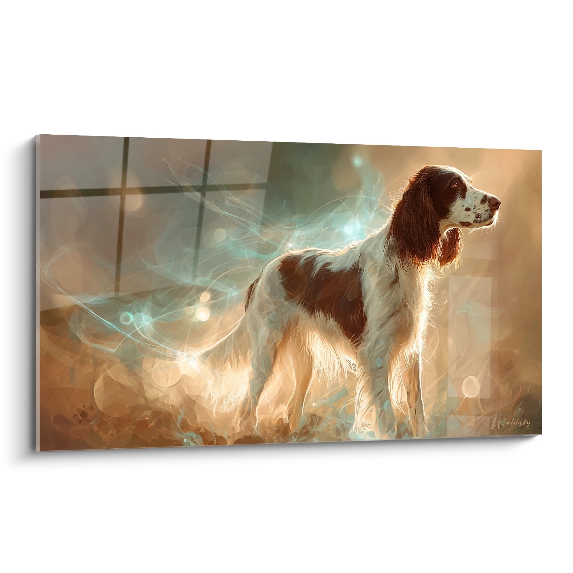 Portrait artistique Springer Anglais roux et blanc avec reflets lumineux turquoise sur fond doré