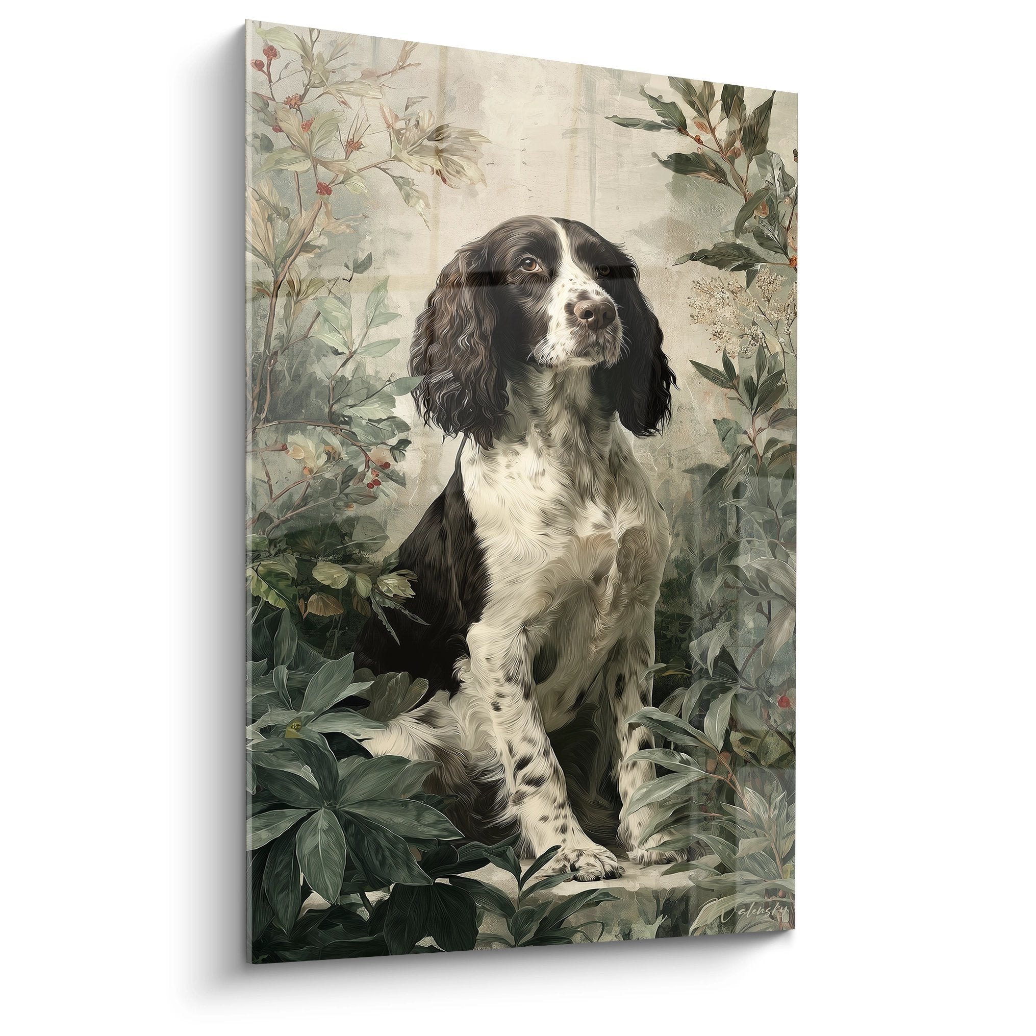 Portrait tableau Springer Anglais pelage noir et blanc dans jardin luxuriant tons beiges et verts naturels