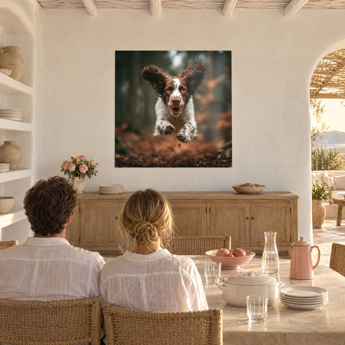 Tableau animal en vol, oreilles bouclées chocolat dressées, fond vert sombre et roux, au-dessus d'un buffet en bois dans une salle à manger