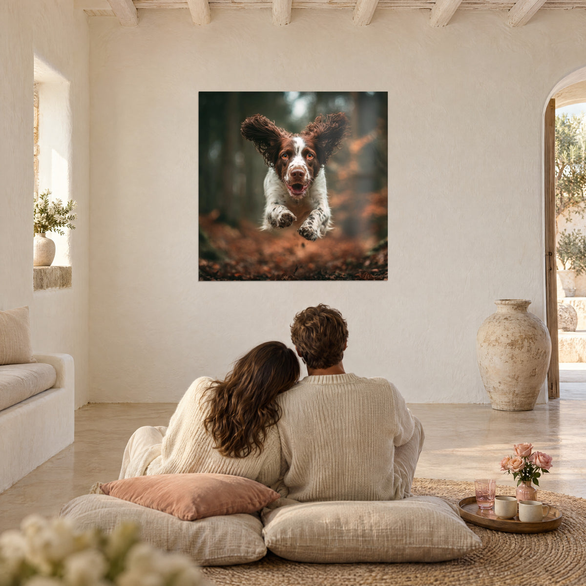 Tableau spaniel joyeux filant vers nous, poitrail blanc taché de noir, sous-bois brun-roux, dans un séjour blanc chaulé