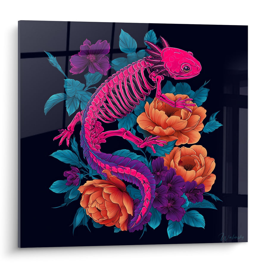 Skelett-Kunstwerk des Axolotls Rosa und bunte Blüten - Florale Anatomie - Edition Axolotl