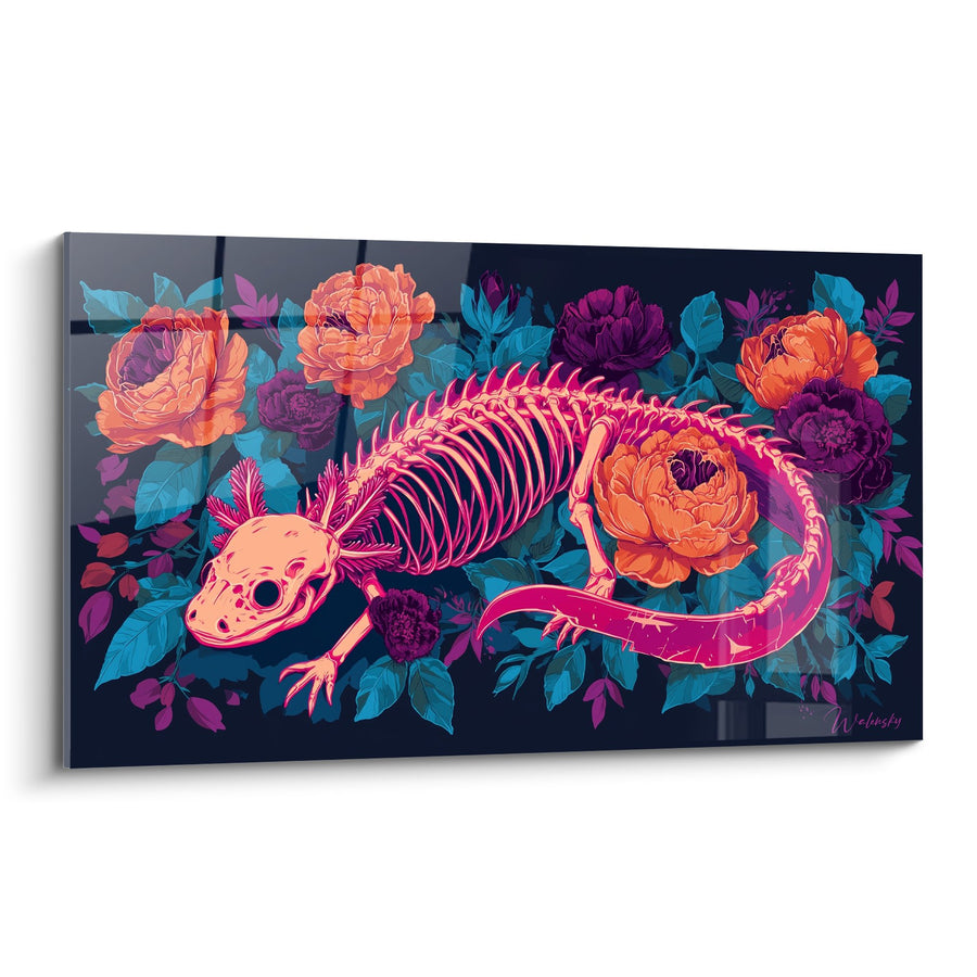 Axolotl-Skeletttafel Rosa auf leuchtend floral Hintergrund - Memento Mori - Axolotl Edition