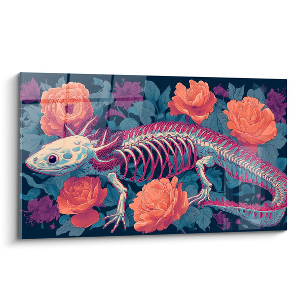 Cuadro de Esqueleto de Axolotl Rosa y Coral sobre Fondo Floral - Anatomía Vegetal - Edición Axolotl