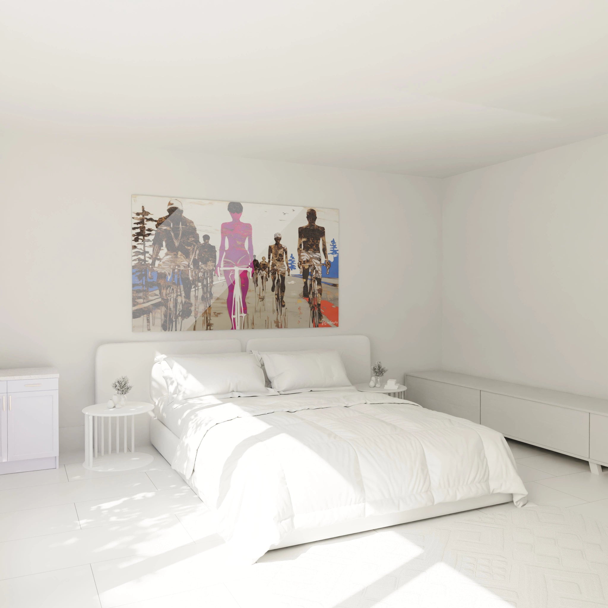 tableau squelettes édition vanité Walensky accroché au dessus d un lit blanc minimaliste