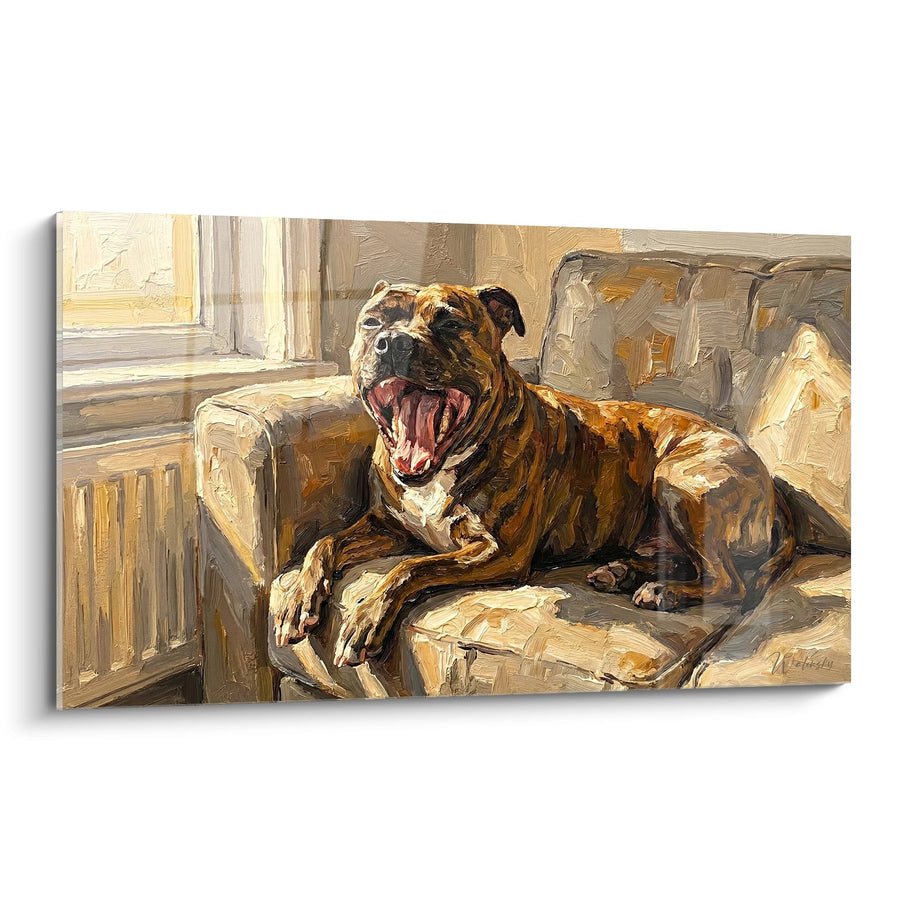 Tableau Chien Bâillant sur Fauteuil Beige - Instant de Détente - Edition Staffordshire Bull Terrier