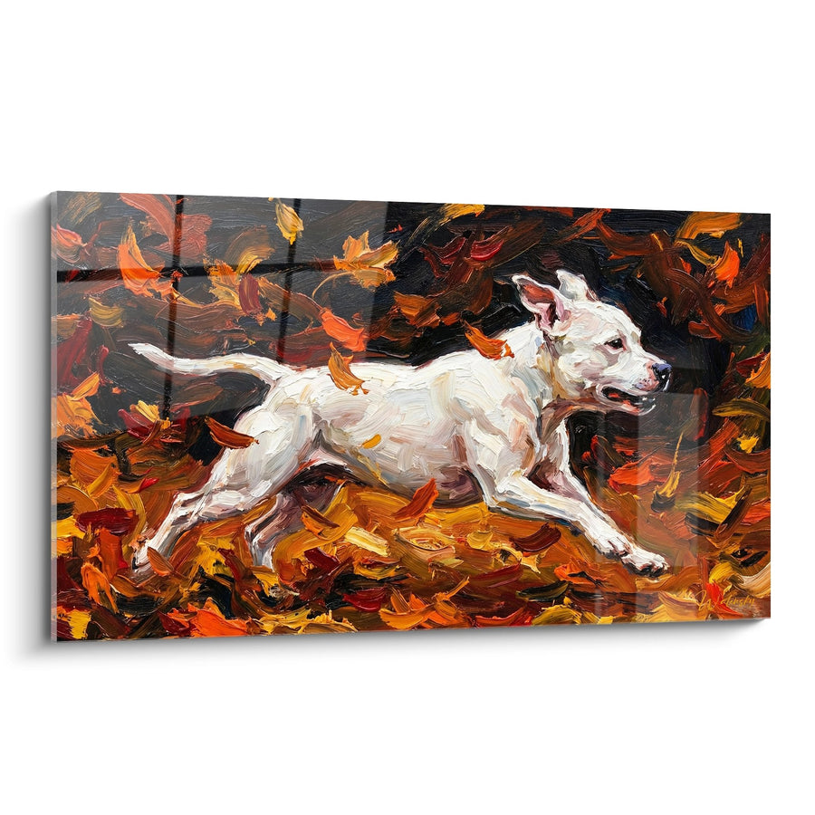 Tableau Chien Blanc Courant dans les Feuilles d'Automne - Élan de Liberté - Edition Staffordshire Bulle Terrier