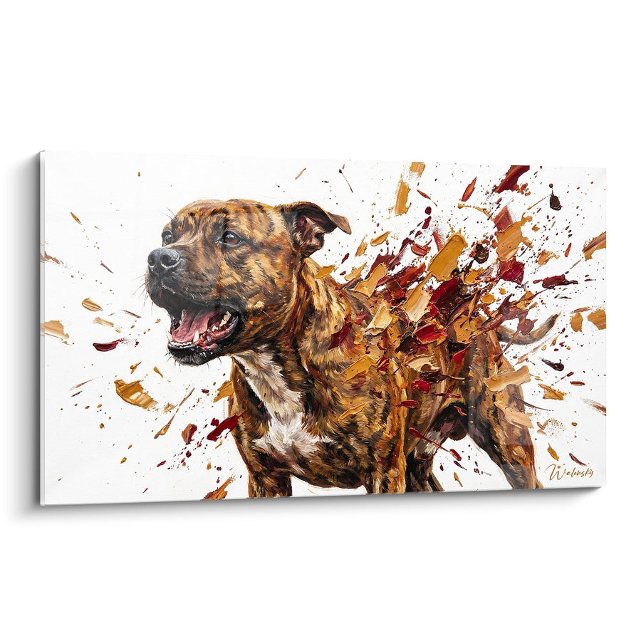 Tableau Staffordshire Bull Terrier Bringé en Mouvement - Explosion Picturale - Edition Staffordshire Bulle Terrier