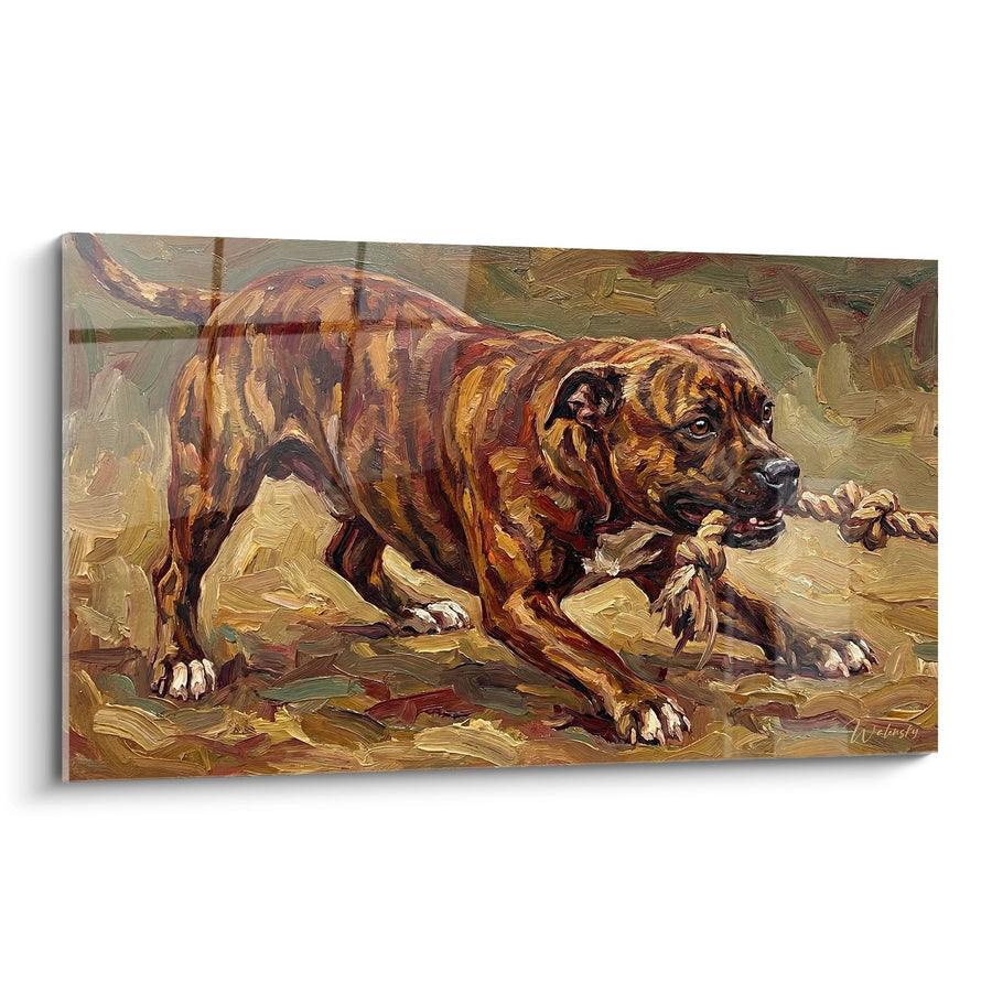 Tableau Chien Bringé à la Corde - Instant de Jeu Capturé - Edition Staffordshire Bulle Terrier