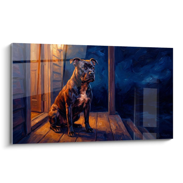 Cuadro de Perro Sentado en el Marco de Puerta - Luces Doradas - Edición Staffordshire Bulle Terrier