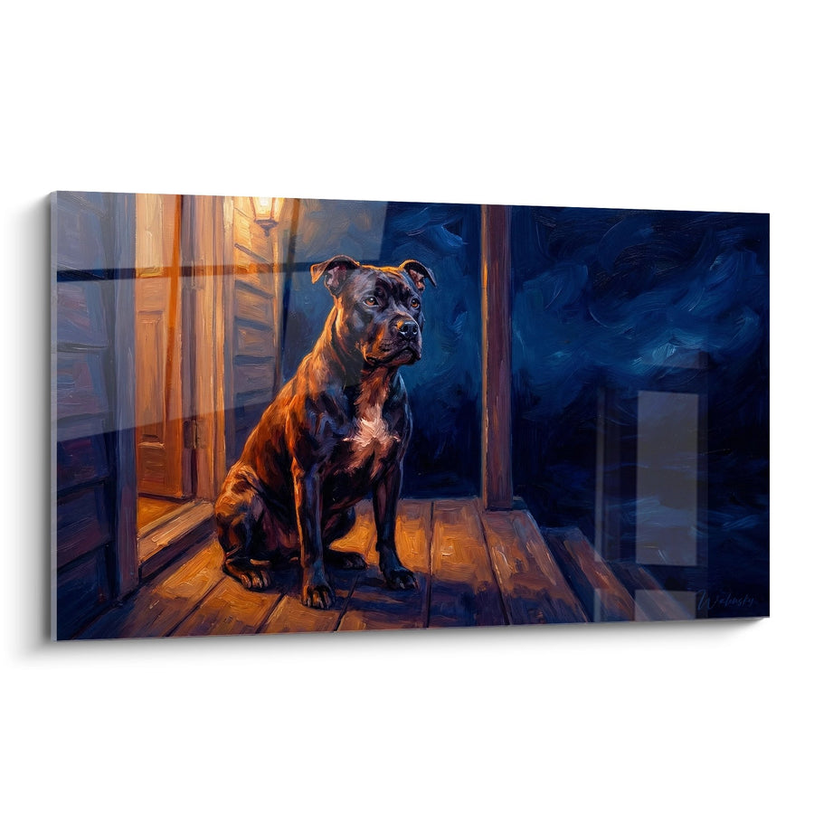 Tableau Chien Assis dans l'Embrasure de Porte - Lumières Dorées - Edition Staffordshire Bulle Terrier