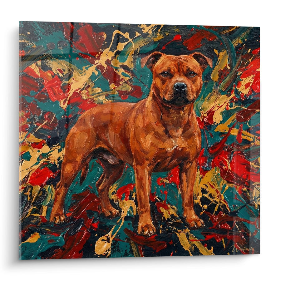 Obraz psa rude na kolorowym, ekspresjonistycznym tle - Dzika ekspresja - Edycja Staffordshire Bull Terrier