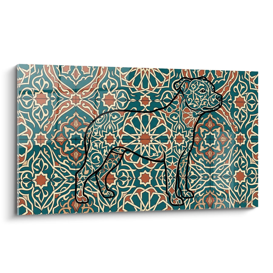 Tableau Staffordshire Bull Terrier sur Motifs Géométriques Turquoise et Terracotta - Harmonie Ornementale - Edition Staffordshire Bulle Terrier