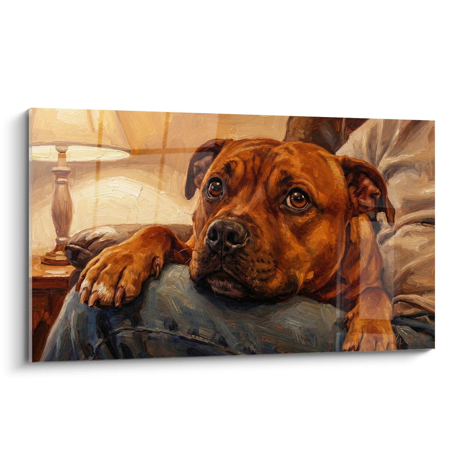Tableau Staffordshire Bull Terrier Roux aux Yeux Ambrés Allongé - Regard Tendre - Edition Staffordshire Bulle Terrier
