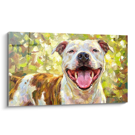 tableau peinture staffordshire bull terrier souriant langue rose fond vert expressif art canin