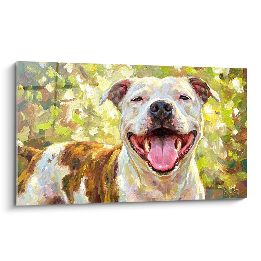 Tableau Chien Souriant Langue Rose sur Fond Vert - Joie Canine - Edition Staffordshire Bulle Terrier