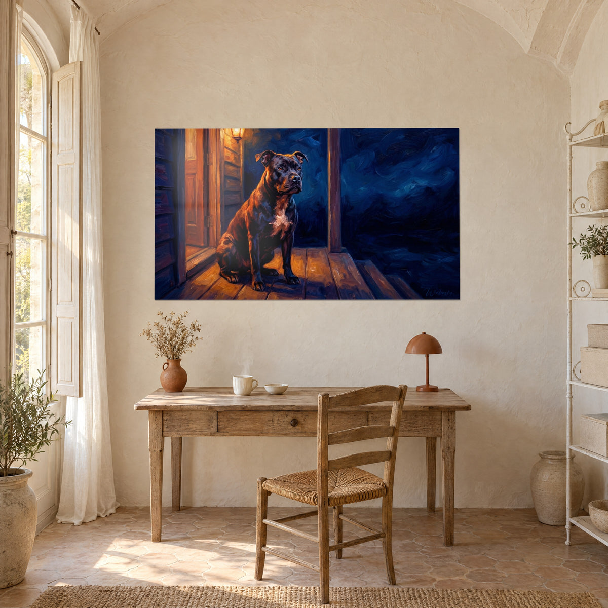 Schilderij van een viervoetige waakhond, donkerbruine vacht verlicht in oranje, houten veranda en blauwe nacht, boven een bureau van licht hout