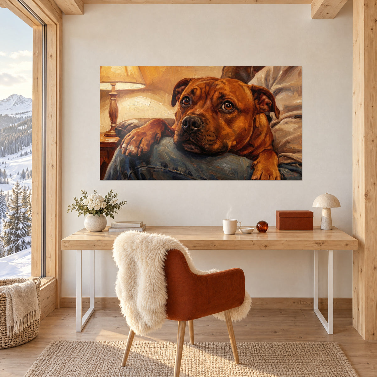 Quadro di un terrier mogano dai grandi occhi ambrati, pennellate spesse blu e ocra, sopra una scrivania in legno chiaro