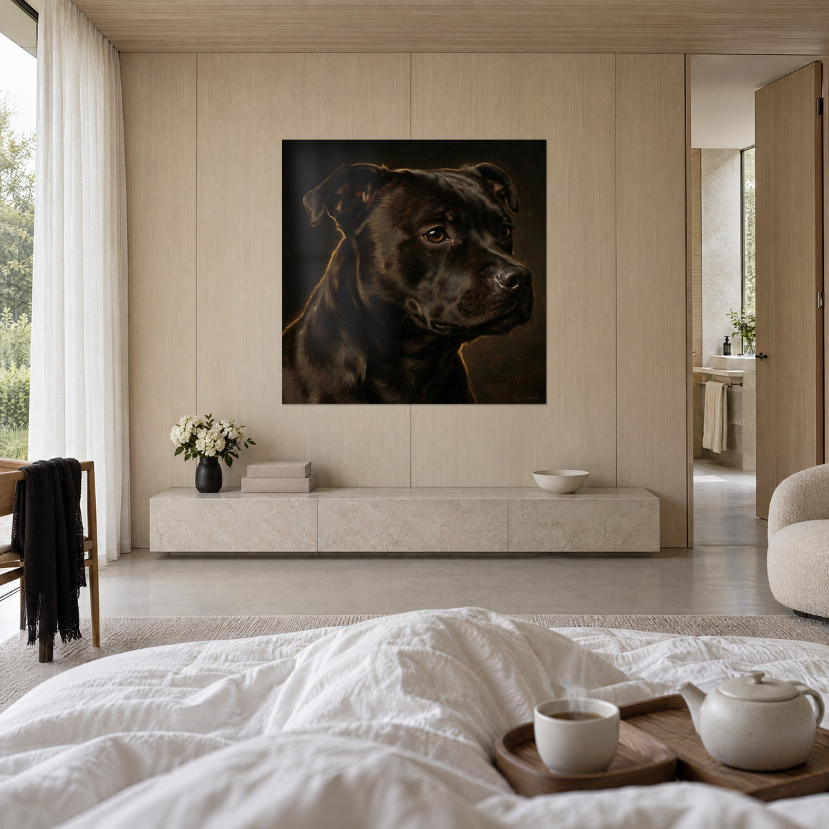 Πίνακας bull terrier βαθύ καφέ, καραμελένιο μάτι και σκούρο χρυσό φόντο, πάνω από ένα κρεβάτι σε φωτεινό υπνοδωμάτιο