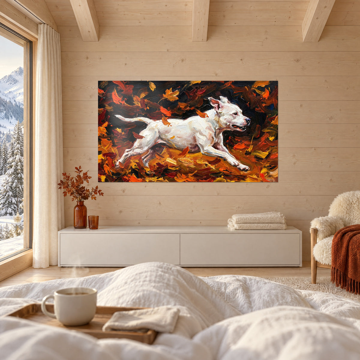 Quadro di un bull terrier dal manto crema che scivola su un tappeto di foglie ruggine e gialle, sopra un letto in una camera luminosa