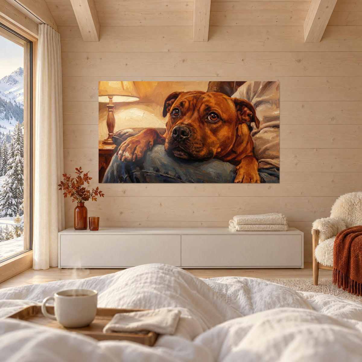 Quadro di un cane ramato dagli occhi ambrati sdraiato su un ginocchio, pelo marrone e arancione, lampada crema, sopra un letto in una camera luminosa