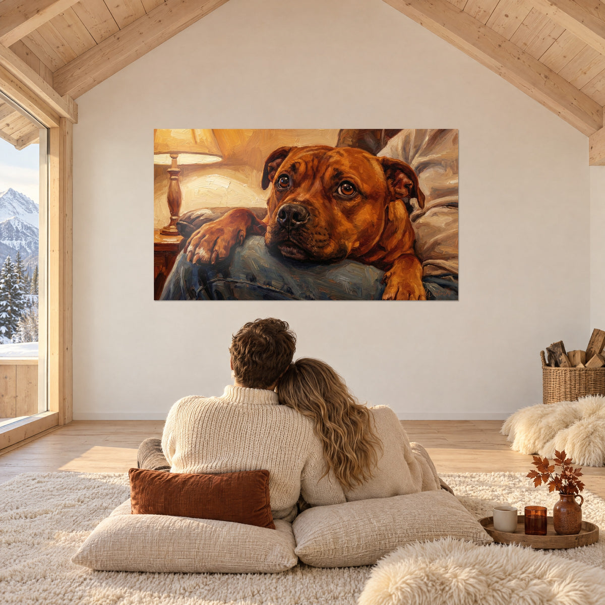 Quadro di uno staffordshire color ruggine, muso scuro e zampa tesa, toni caldi ocra, di fronte a una coppia seduta su cuscini