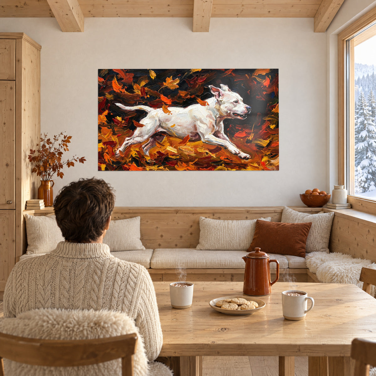 Quadro dal pelo bianco spesso steso a spatola, foglie cremisi e dorate che volteggiano intorno al cane, uomo di spalle davanti al tavolo dello chalet