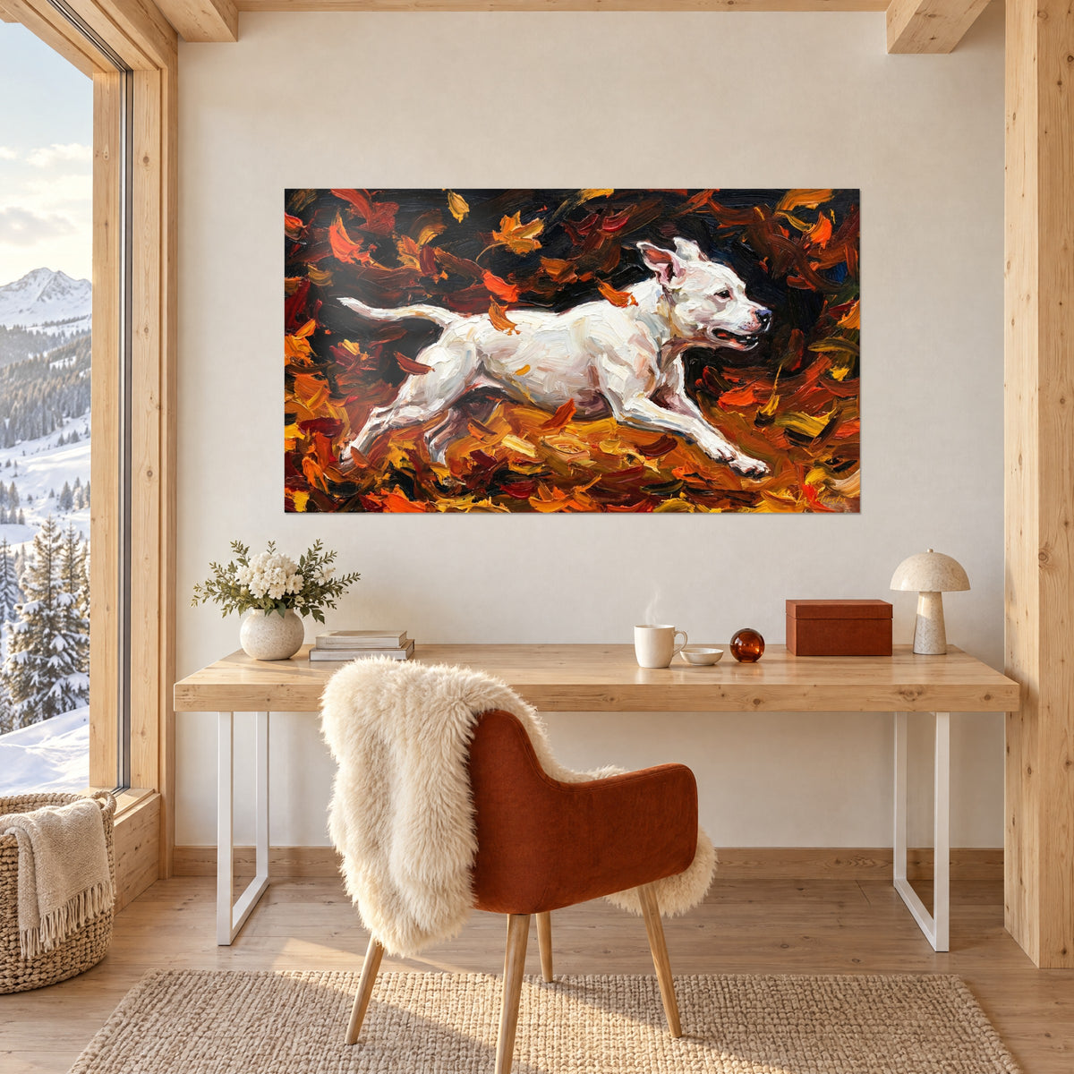 Quadro di un animale bianco al galoppo, olio denso nei toni dell'arancio e del bruno profondo, scrivania di legno chiaro e poltrona color ruggine
