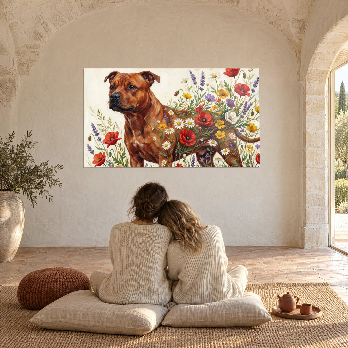 Πίνακας Staffie φαιοκόκκινου με λευκές μαργαρίτες και κόκκινες παπαρούνες γύρω του, ζευγάρι από πίσω καθισμένο σε μαξιλάρια σε θολωτό χώρο