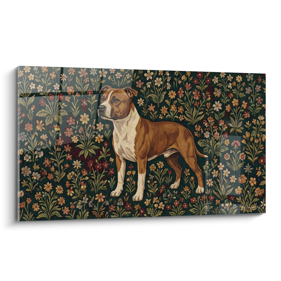 Tableau Chien Fauve sur Fond Fleuri Vintage - Portrait Canin Décoratif - Edition Staffordshire Bulle Terrier