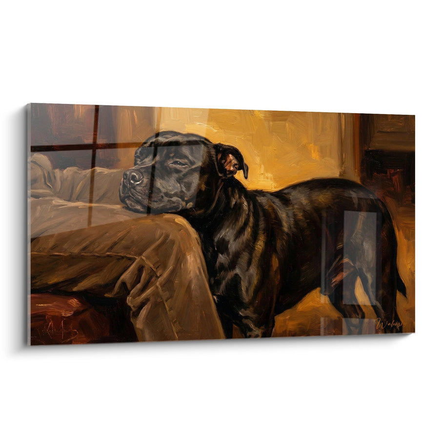 Tableau Chien Noir Allongé sur Canapé Beige - Repos Chaleureux - Edition Staffordshire Bulle Terrier