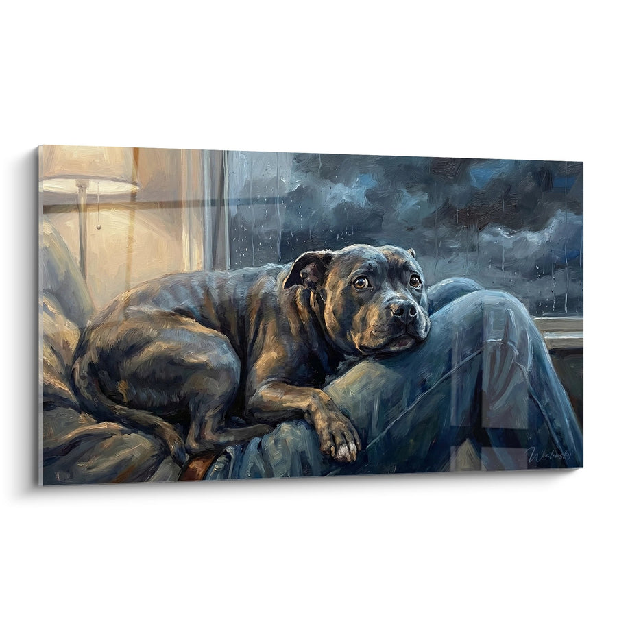 Tableau Chien aux Tons Bleus et Ocres sous la Pluie - Refuge Mélancolique - Edition Staffordshire Bulle Terrier