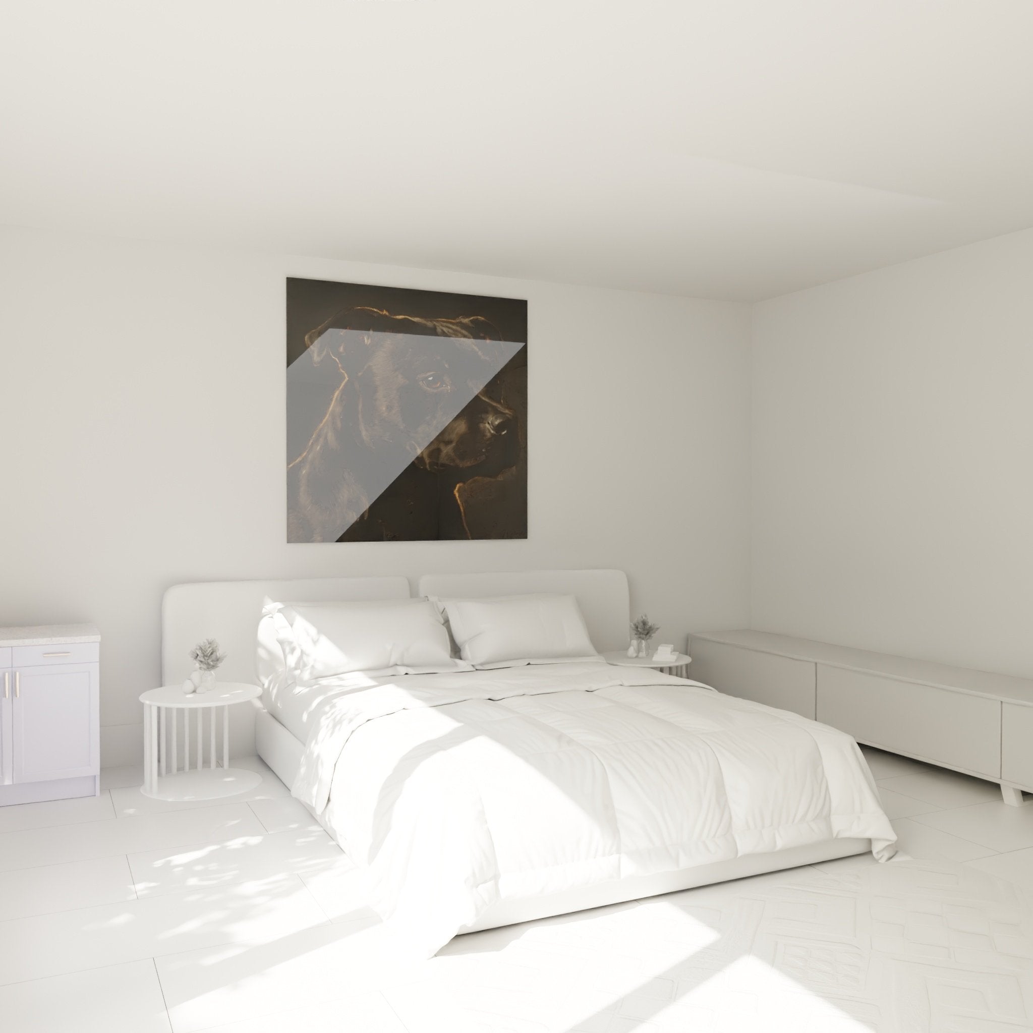 Tableau portrait chien Staffordshire Bulle Terrier accroché au mur dans chambre moderne