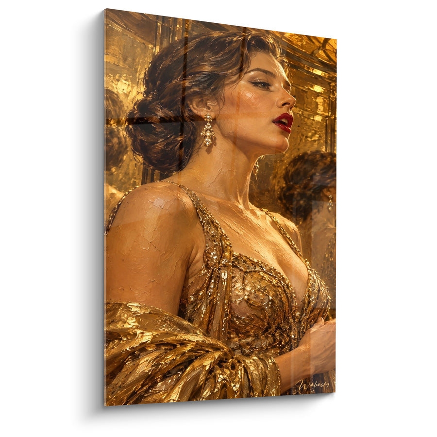Tableau Chanteuse en robe dorée aux pierres scintillantes - Boucle d'oreille perlée - Edition Star de la musique
