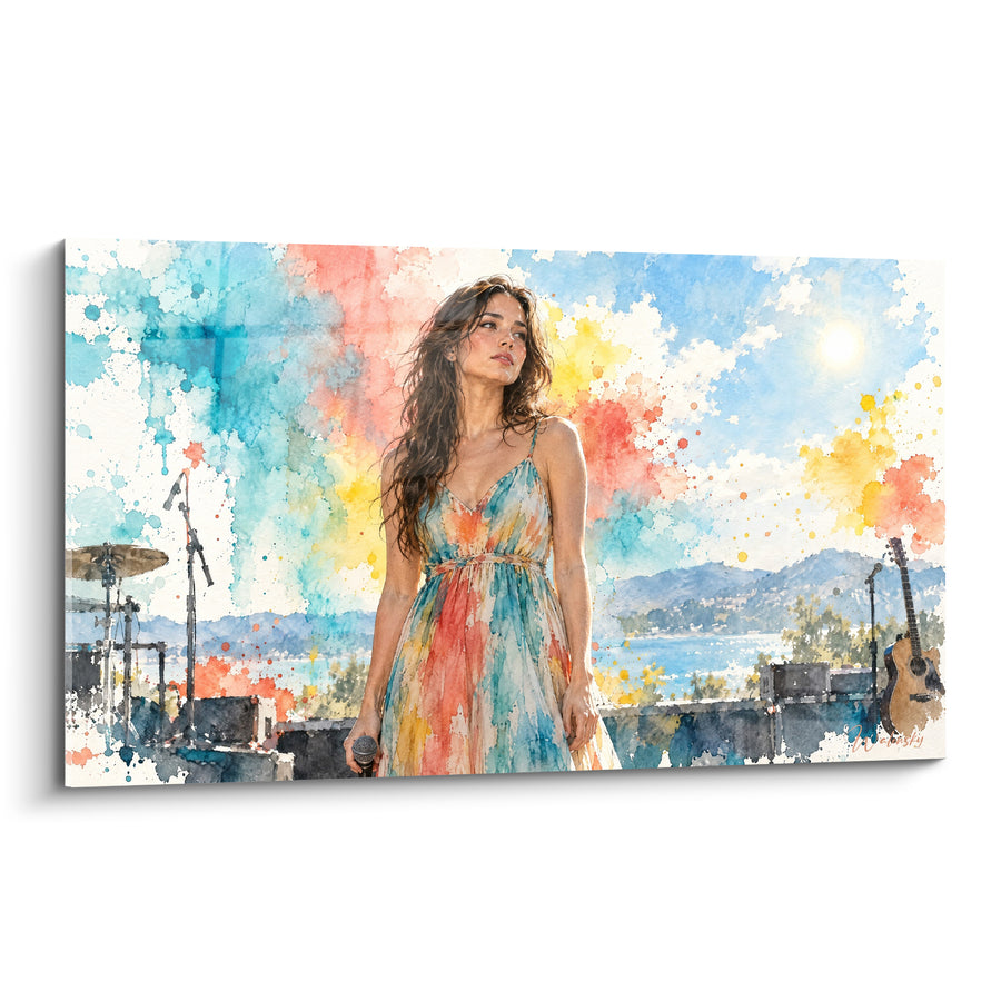 Tableau Chanteuse en robe corail et turquoise - Instant suspendu - Edition Star de la musique