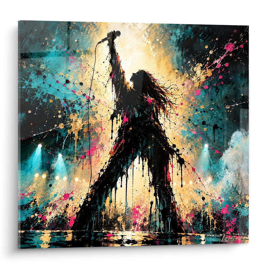Tableau Chanteuse silhouette dorée et turquoise sur scène - Apogée du concert - Edition Star de la musique
