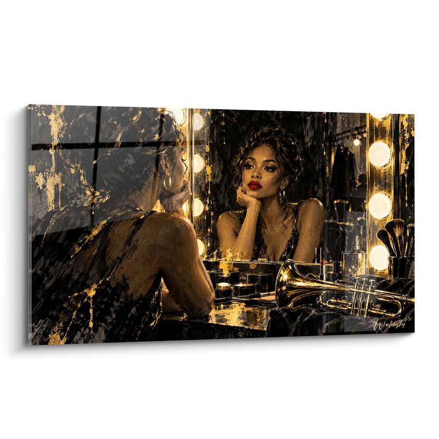 Tableau Chanteuse accoudée miroir noir et doré - Trompette et pinceaux de maquillage - Edition Star de la musique