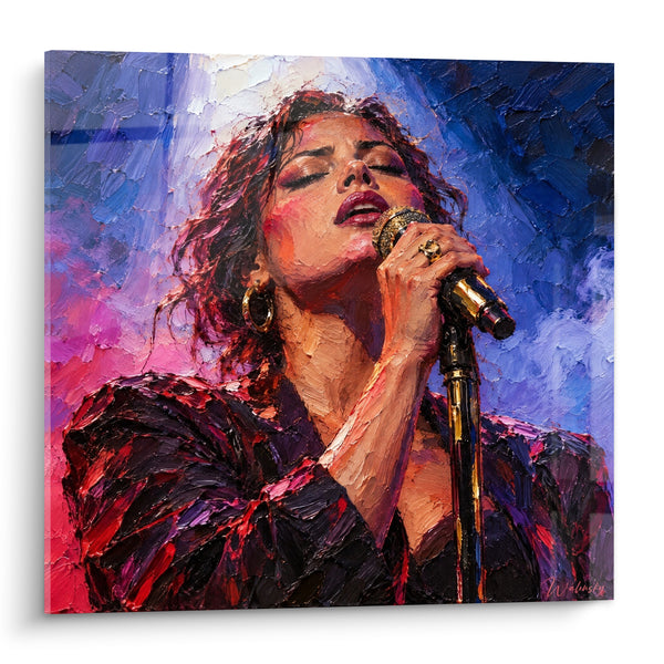 Tableau Chanteuse au micro bleu et rouge - Note suspendue - Edition Star de la musique